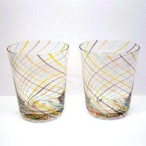 Pair Art Glass Hand Blown Swirl Tumbler Yellow Brown Orange Green Set Lot x2